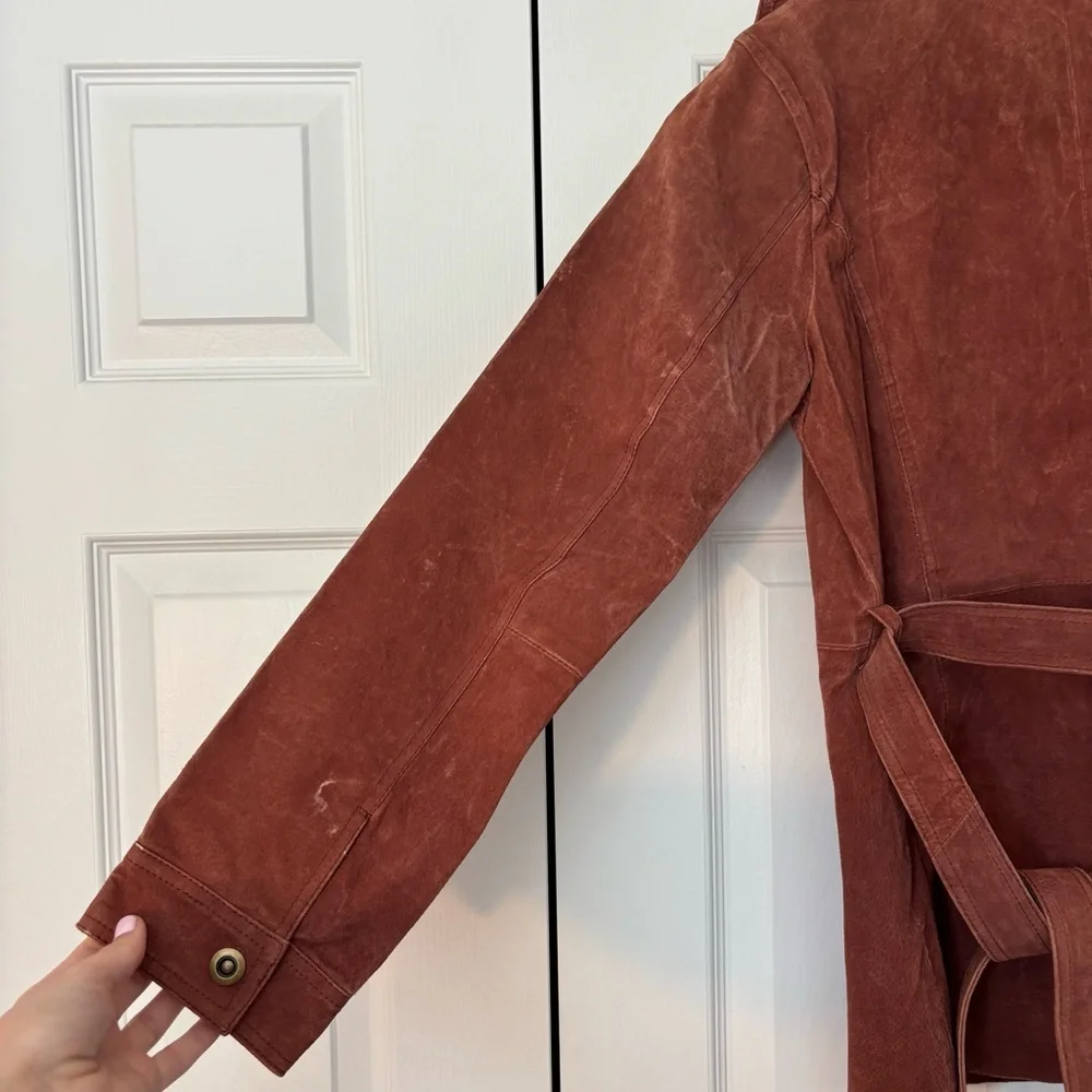 Vintage Genuine Suede Leather Belted Coat Western Cowboy Rodeo Biker Grunge Boho - Picture 6 of 11